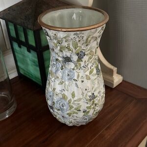 Decoupage spring vase, up cycled glass with blue & white flowers hand decorated